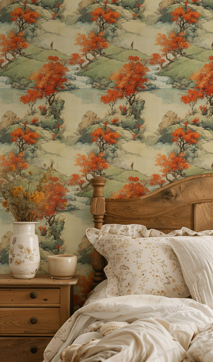 Beige and Orange Japanese Landscape Wallpaper