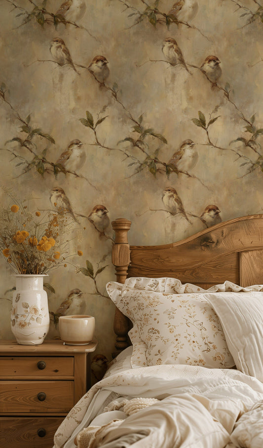 Sparrow Bird Wallpaper Vintage Branch Wall Decor