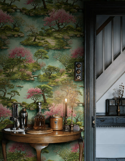 Serene Chinoiserie Cherry Blossom Landscape Wallpaper