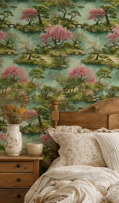 Serene Chinoiserie Cherry Blossom Landscape Wallpaper