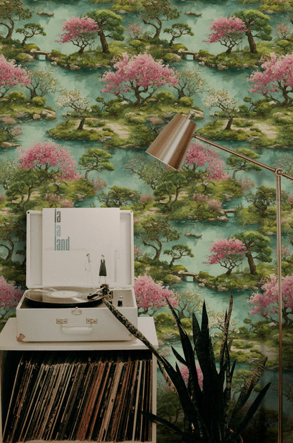 Serene Chinoiserie Cherry Blossom Landscape Wallpaper