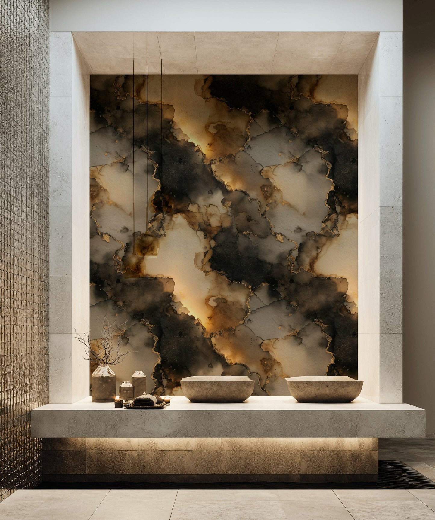 Gold Abstract Wallpaper Black Beige Modern Wall Mural