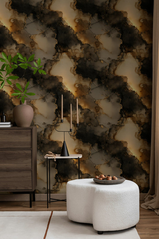 Gold Abstract Wallpaper Black Beige Modern Wall Mural