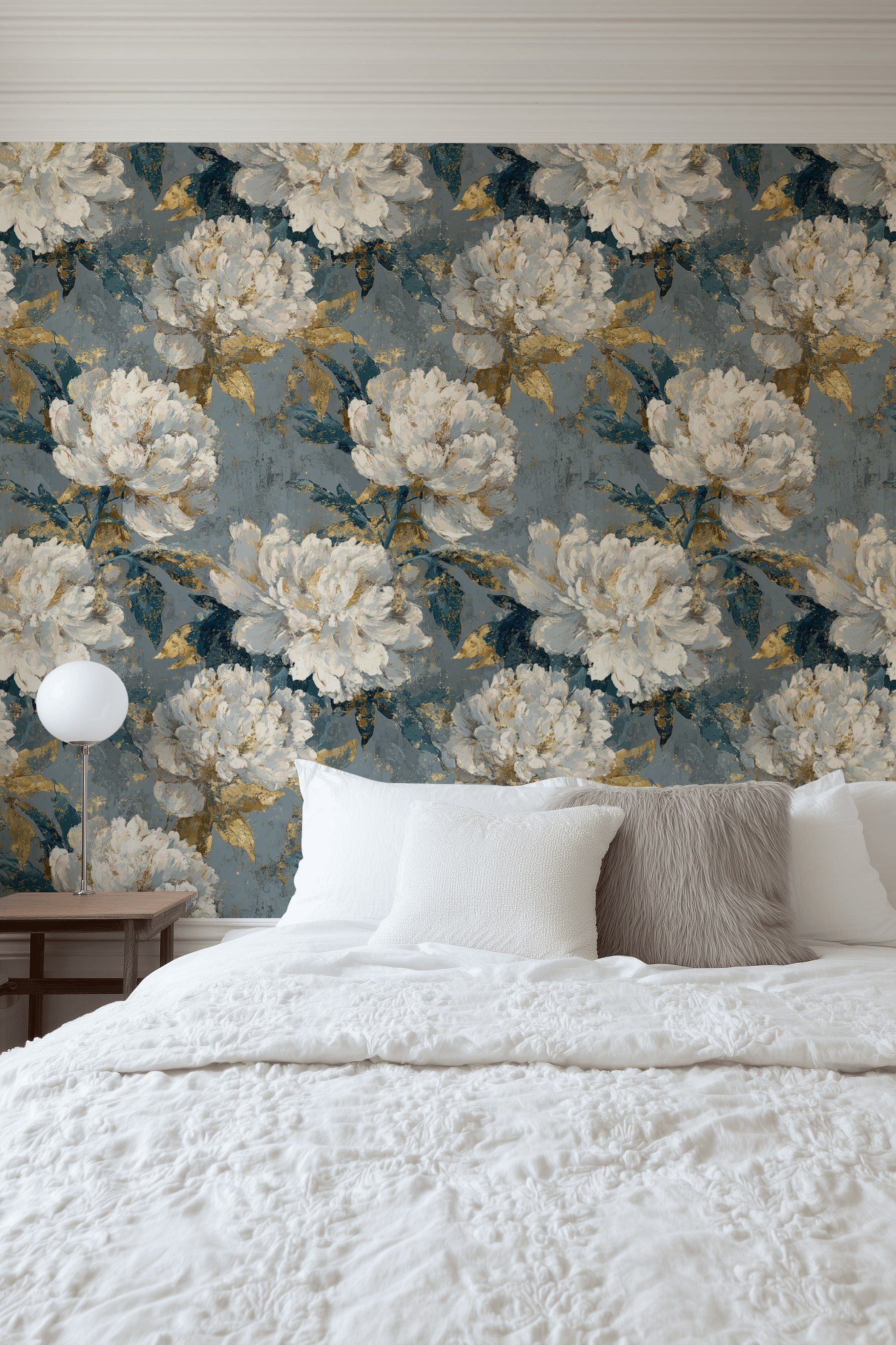 Dark Blue and Gold Look Peony Floral Wallpaper