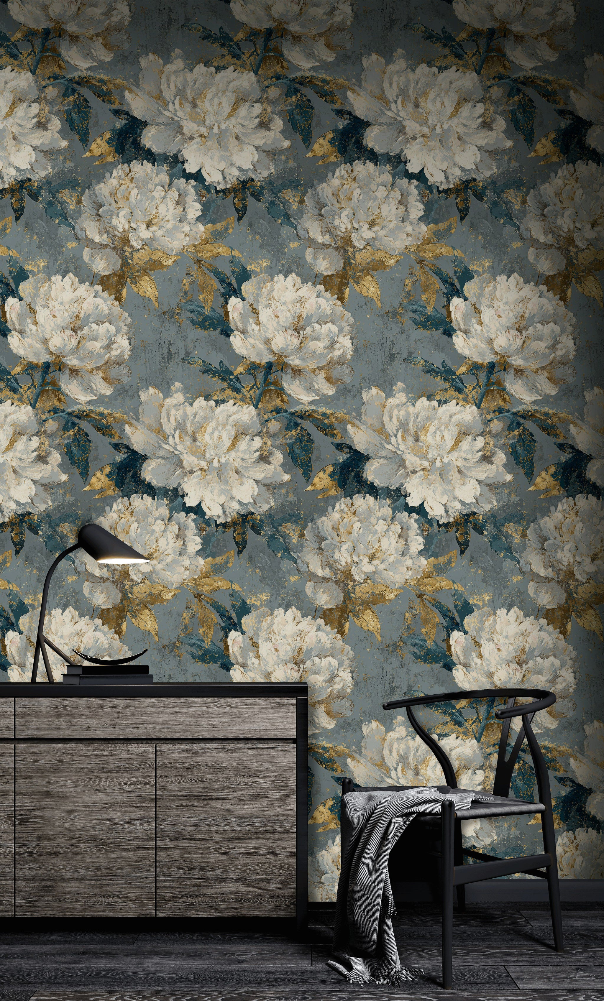 Dark Blue and Gold Look Peony Floral Wallpaper