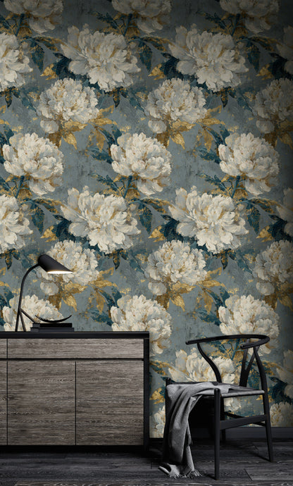 Dark Blue and Gold Look Peony Floral Wallpaper