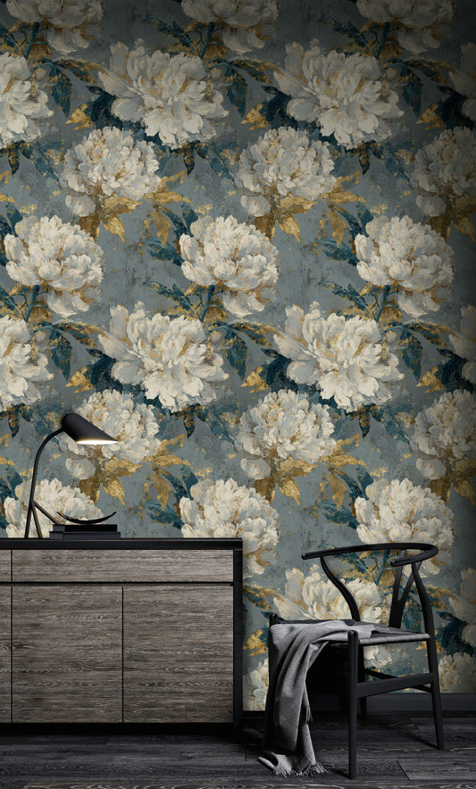 White Peony Wallpaper Blue Gold Mural Textured Wall Decor