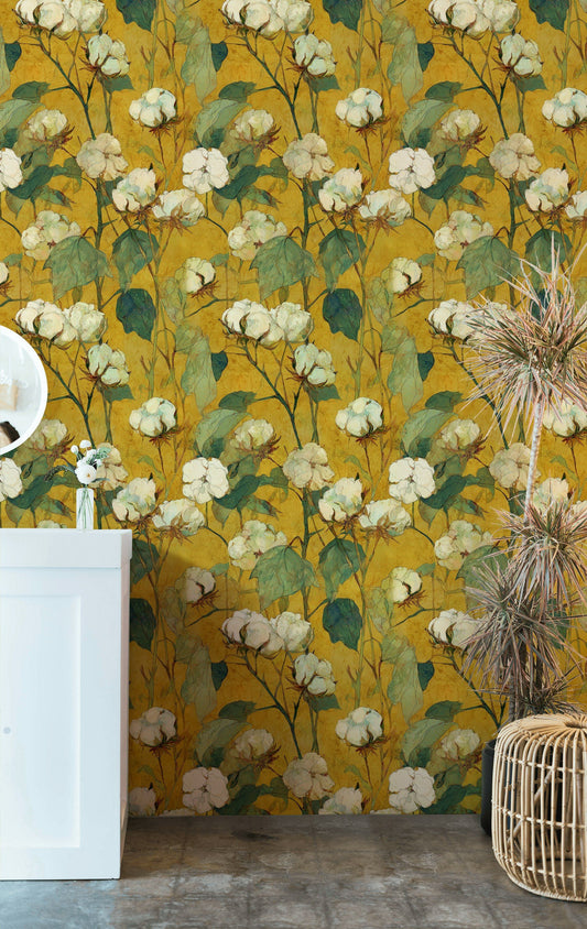 Cotton Blossom Wallpaper Yellow Botanical Mural
