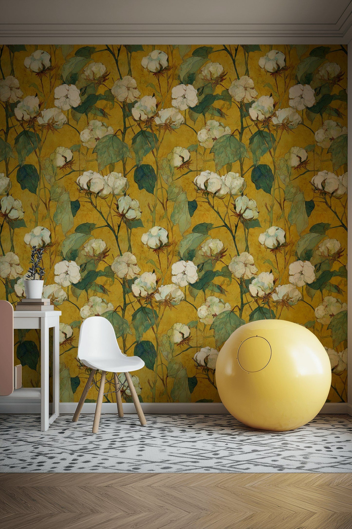 Cotton Blossom Wallpaper Yellow Botanical Mural