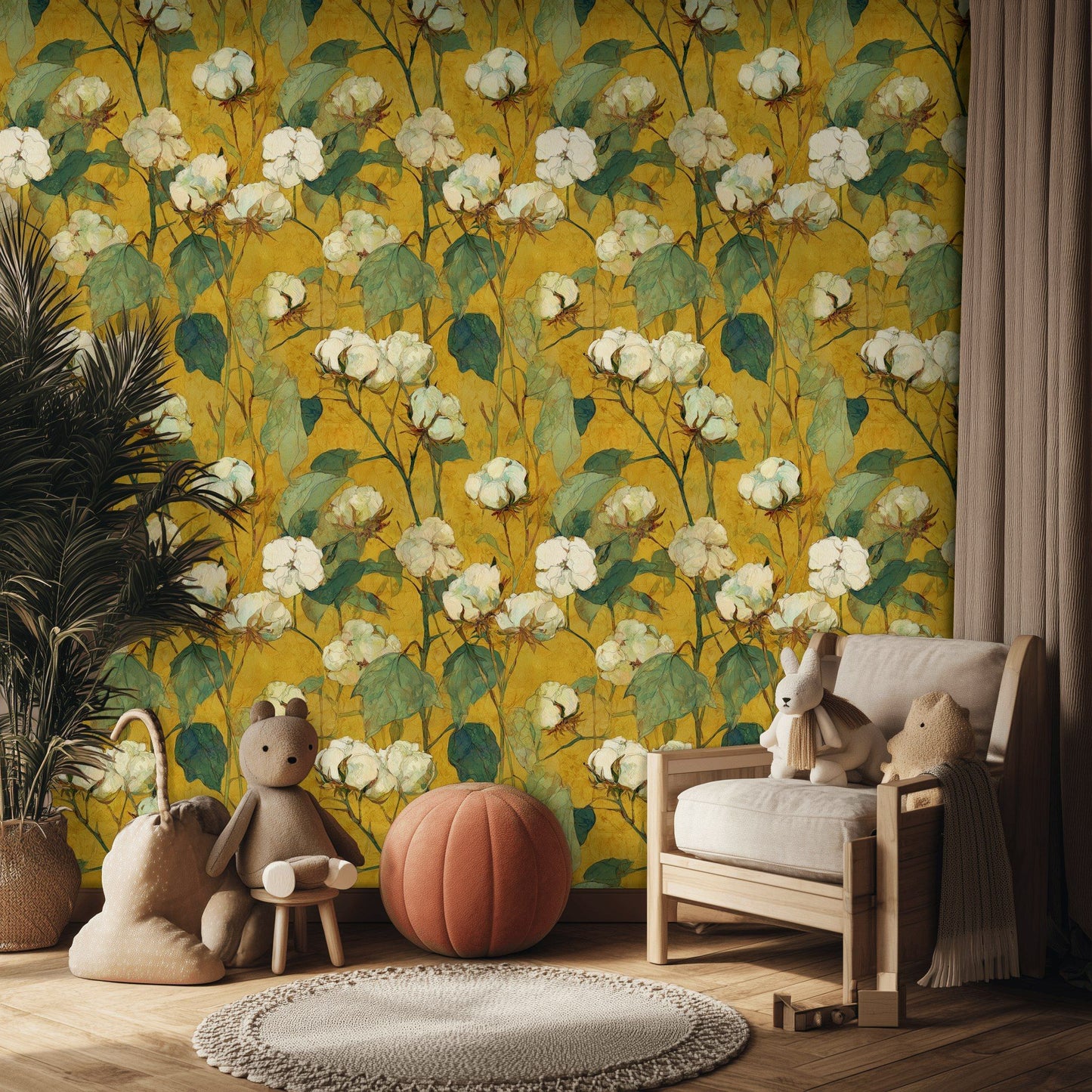 Cotton Blossom Wallpaper Yellow Botanical Mural