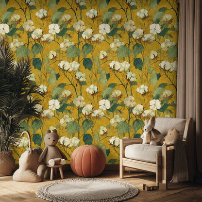 Golden Look Yellow Botanical Cotton Floral Wallpaper