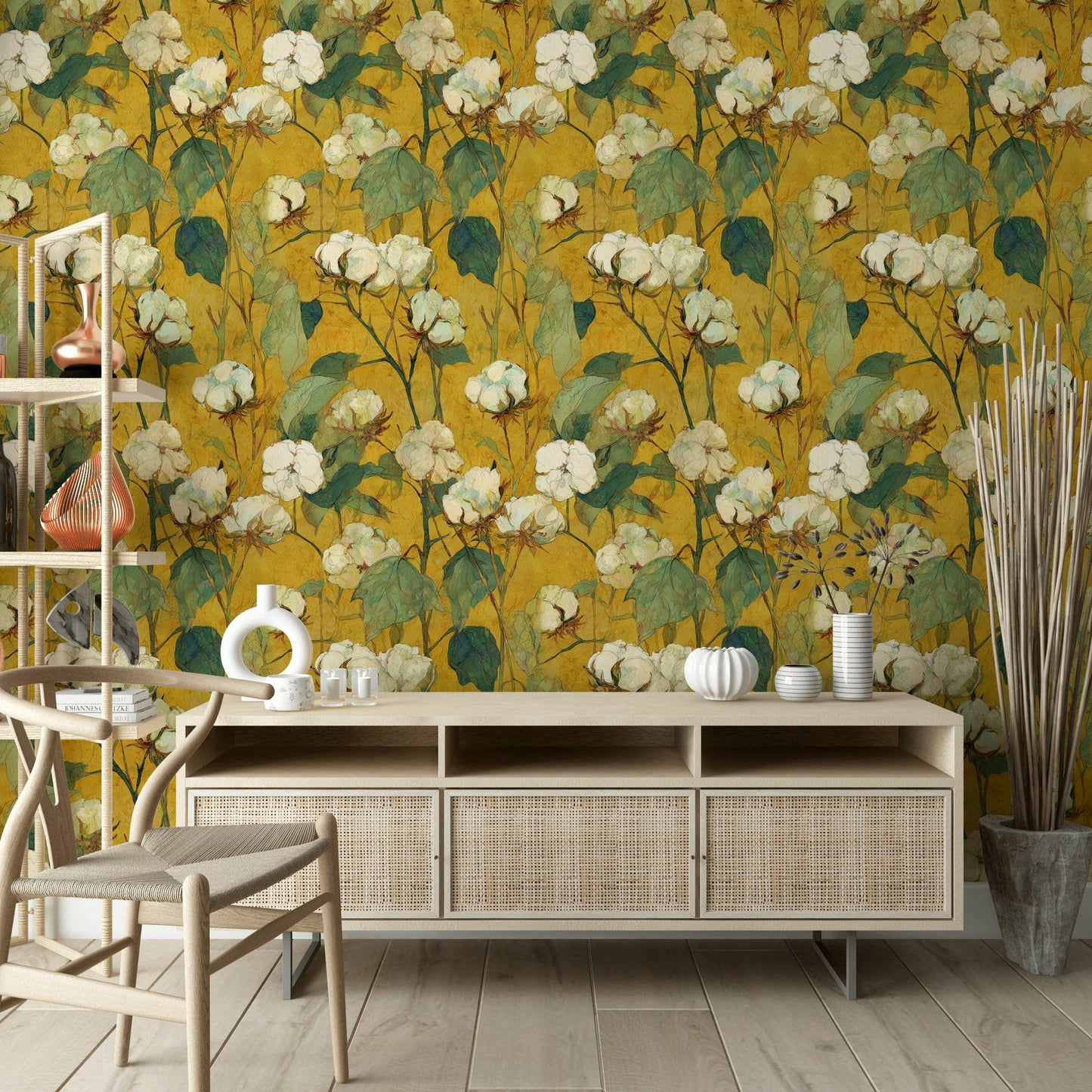 Cotton Blossom Wallpaper Yellow Botanical Mural