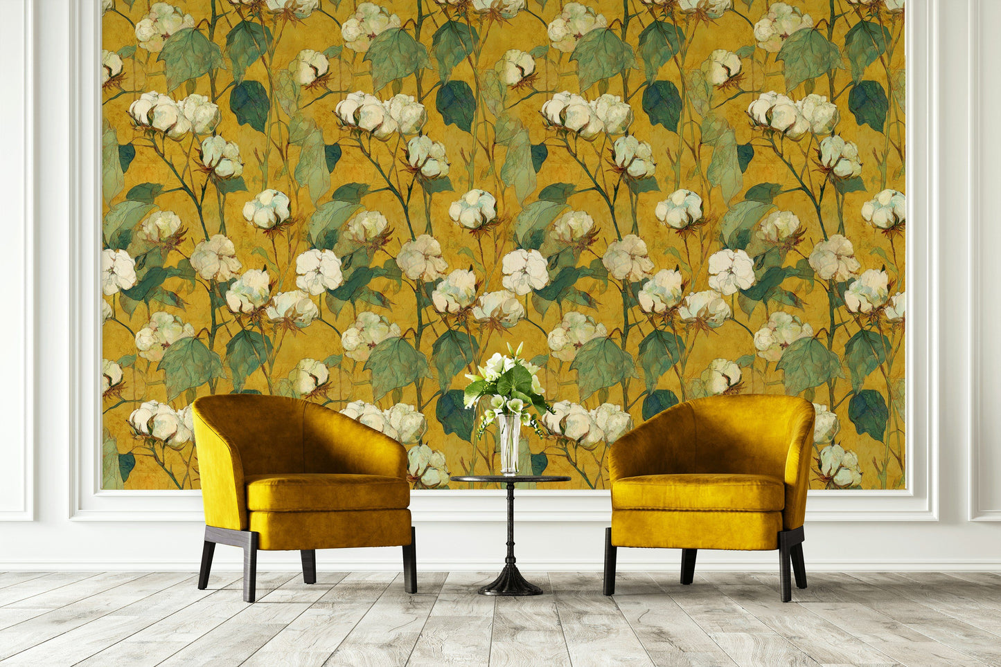 Cotton Blossom Wallpaper Yellow Botanical Mural