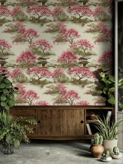 Cream Chinoiserie Cherry Blossom Wallpaper