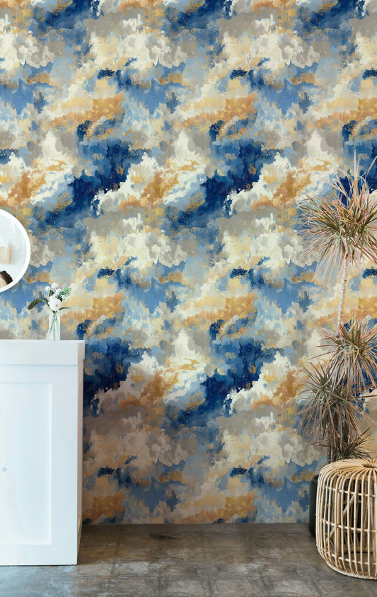 Cloudscape Wallpaper Blue Gold Abstract Decorative Mural