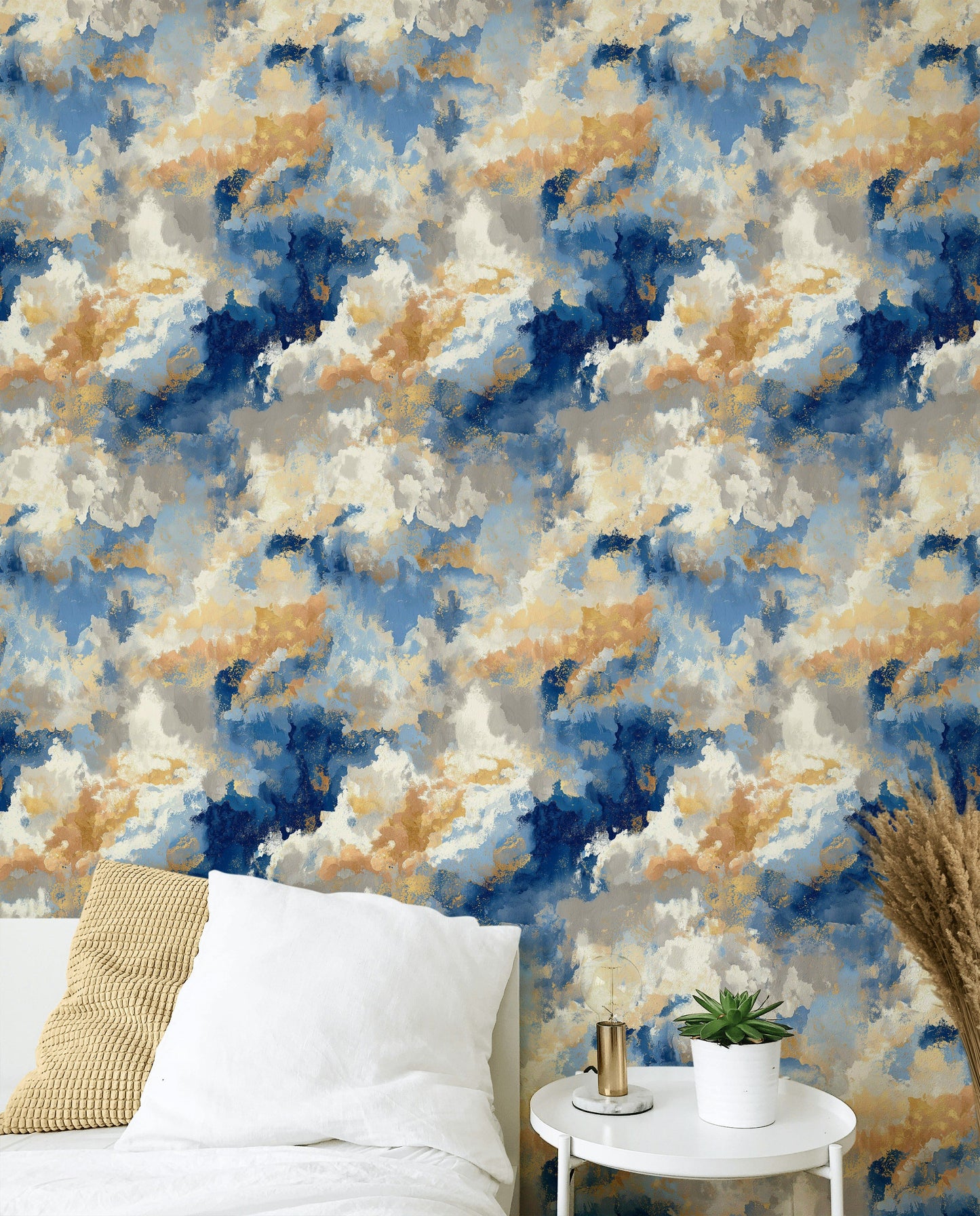 Cloudscape Wallpaper Blue Gold Abstract Decorative Mural