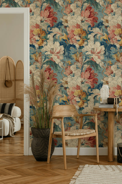Vintage Multicolor Floral Illustration Wallpaper