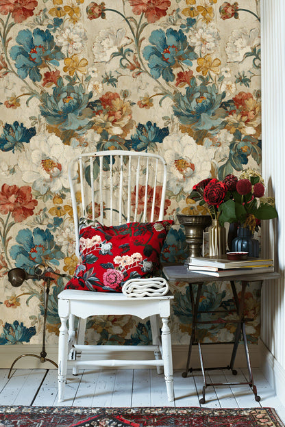 Vintage Multicolor Large Floral Pattern Wallpaper