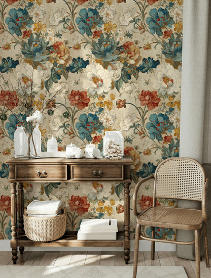 Vintage Multicolor Large Floral Pattern Wallpaper