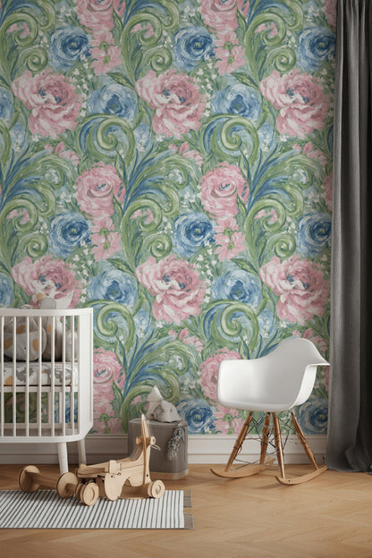 Pink and Blue Large Floral Pattern Wallpaper