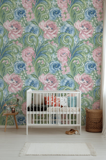 Pink and Blue Large Floral Pattern Wallpaper