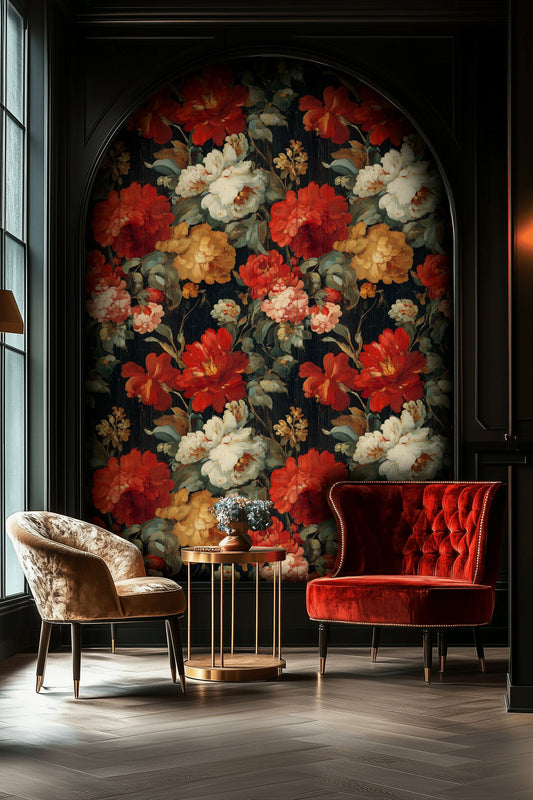 Vintage Floral Wallpaper Red Poppy Mural Garden Wall Decor