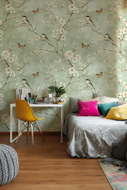 Soft Sage Green Cherry Blossom Bird Wallpaper