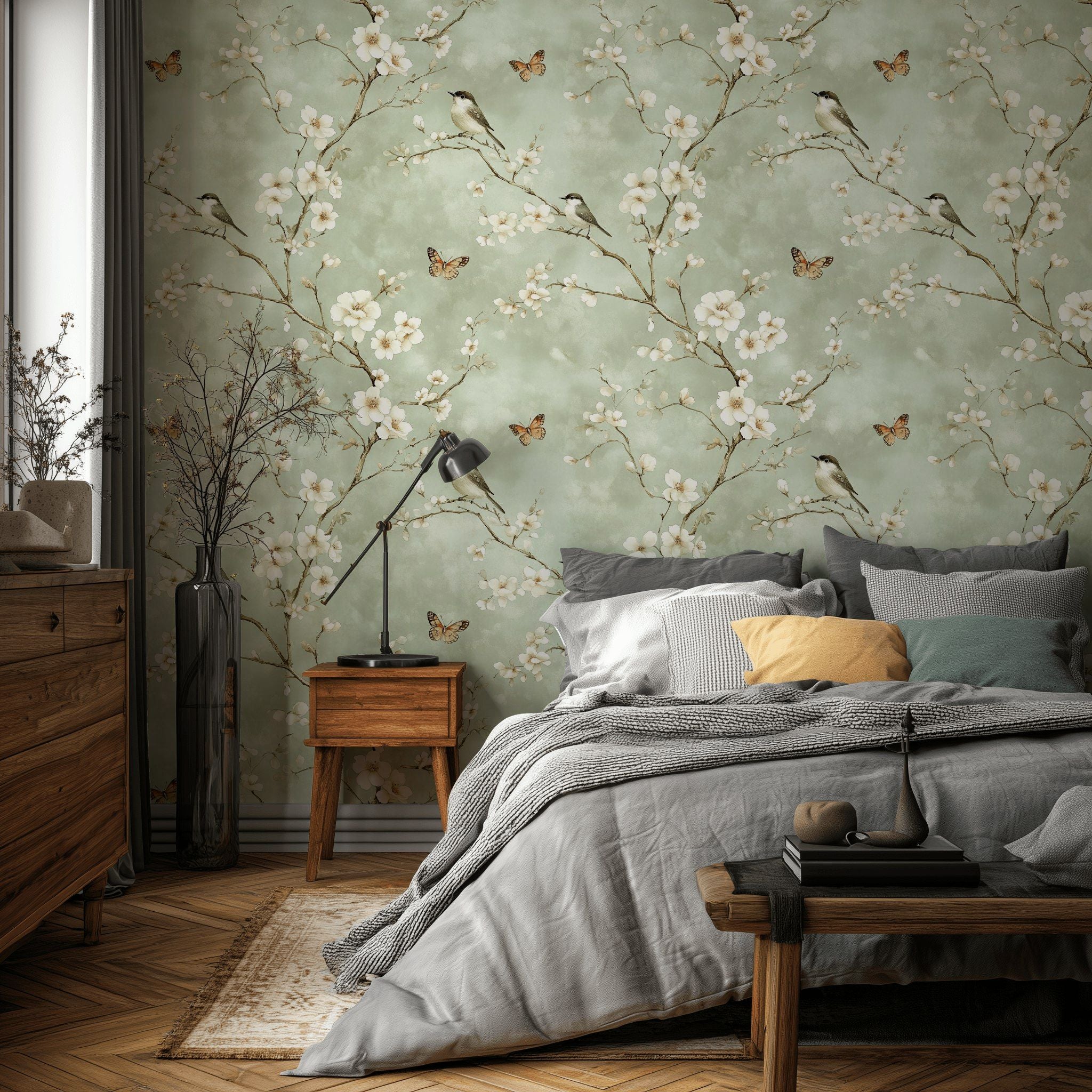 Soft Sage Green Cherry Blossom Bird Wallpaper