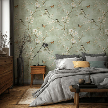 Soft Sage Green Cherry Blossom Bird Wallpaper