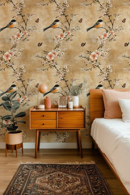 Warm Beige Cherry Blossom and Bird Wallpaper