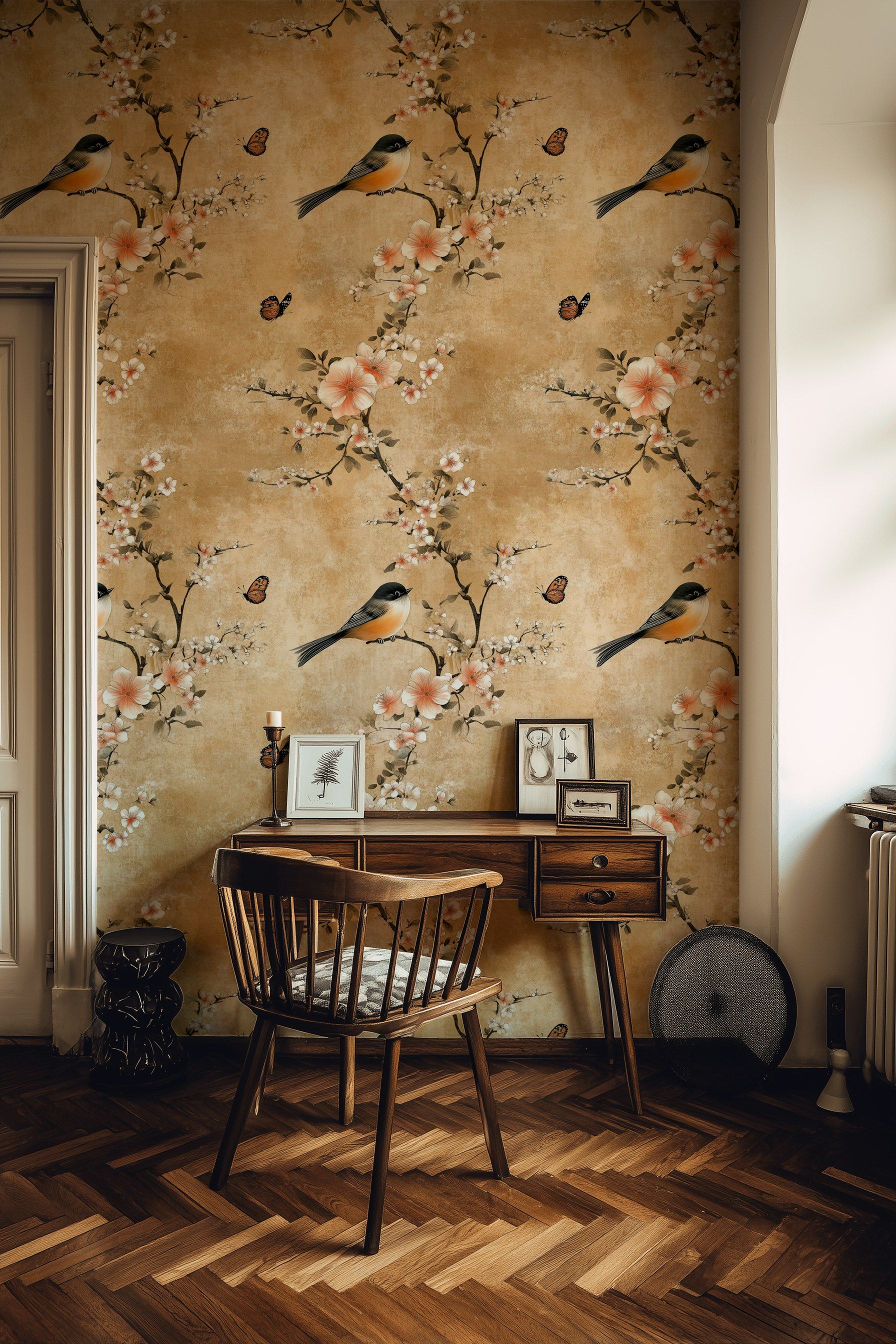 Warm Beige Cherry Blossom and Bird Wallpaper