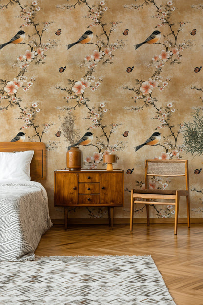 Warm Beige Cherry Blossom and Bird Wallpaper