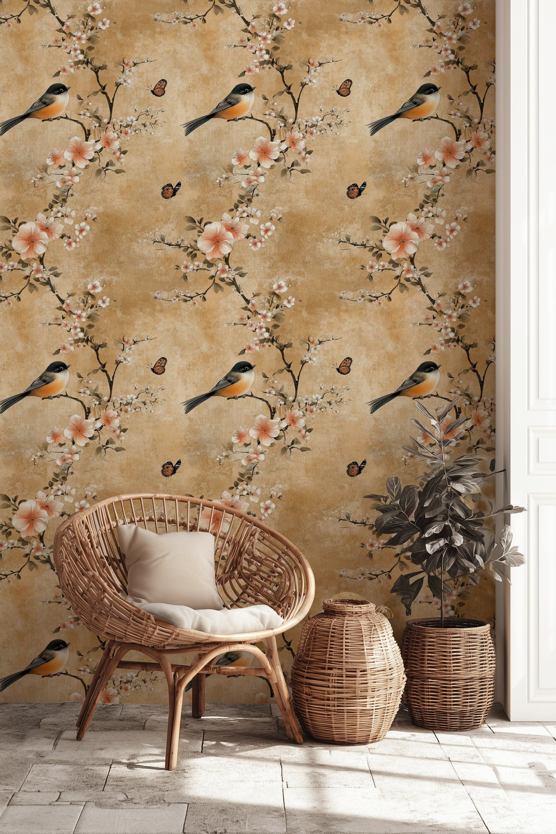 Warm Beige Cherry Blossom and Bird Wallpaper