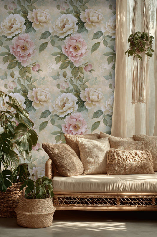 Vintage Peony Wallpaper Floral Mural Cottage Wall Decor