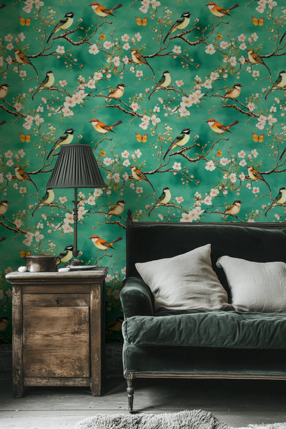 Fresh Green Cherry Blossom and Bird Wallpaper