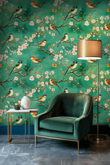 Fresh Green Cherry Blossom and Bird Wallpaper