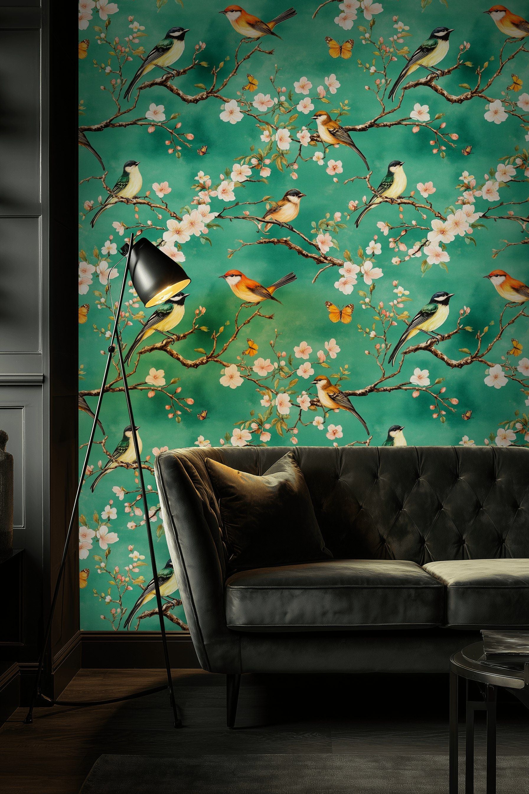 Fresh Green Cherry Blossom and Bird Wallpaper