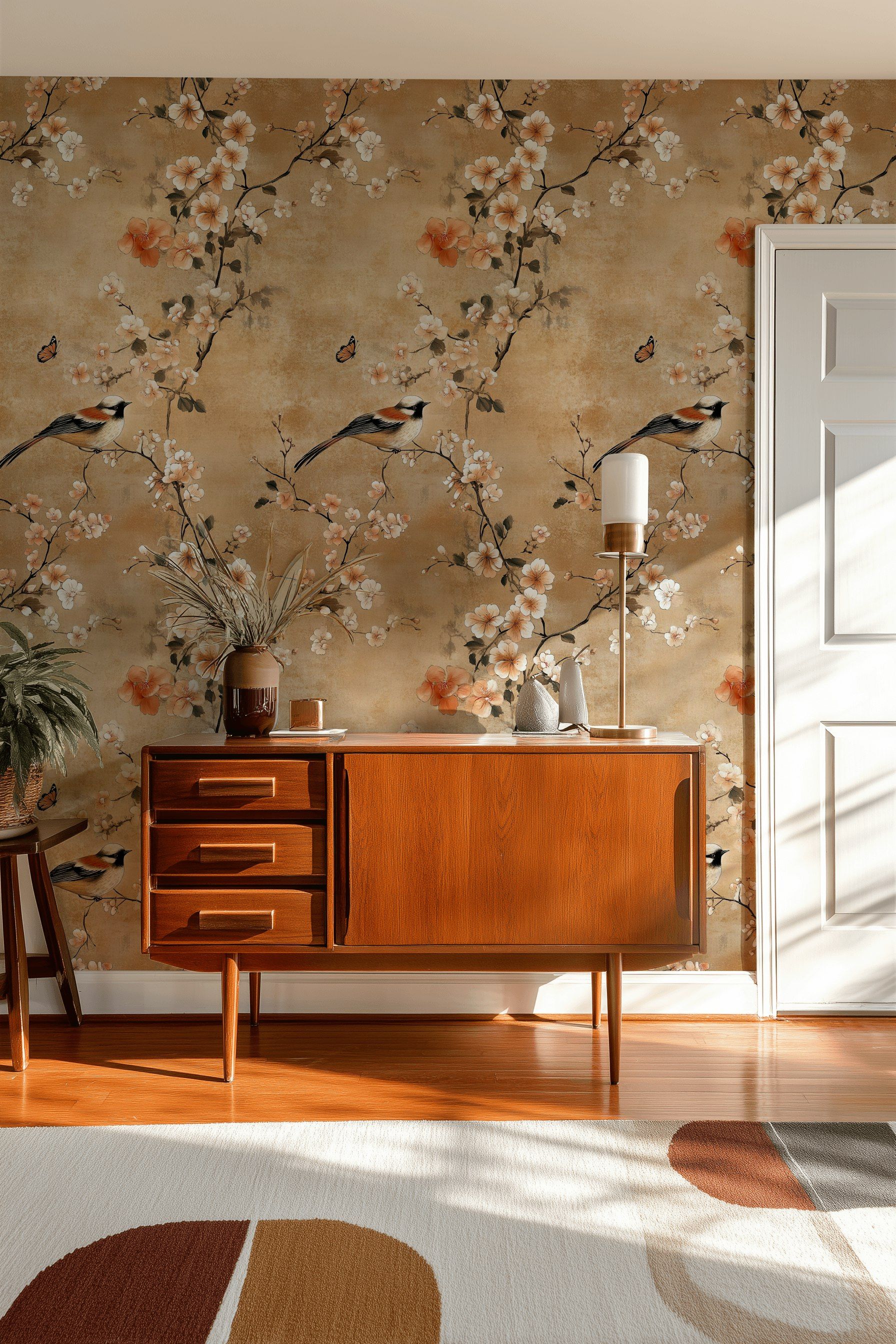 Warm Beige Cherry Blossom and Bird Wallpaper