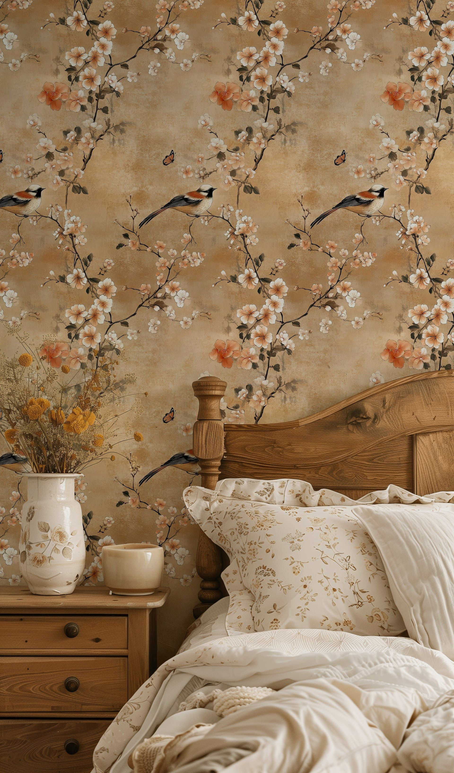 Warm Beige Cherry Blossom and Bird Wallpaper