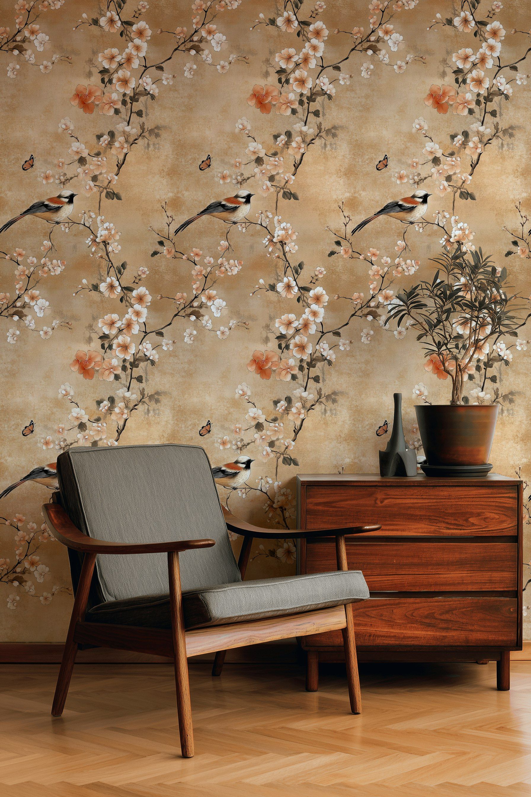 Warm Beige Cherry Blossom and Bird Wallpaper