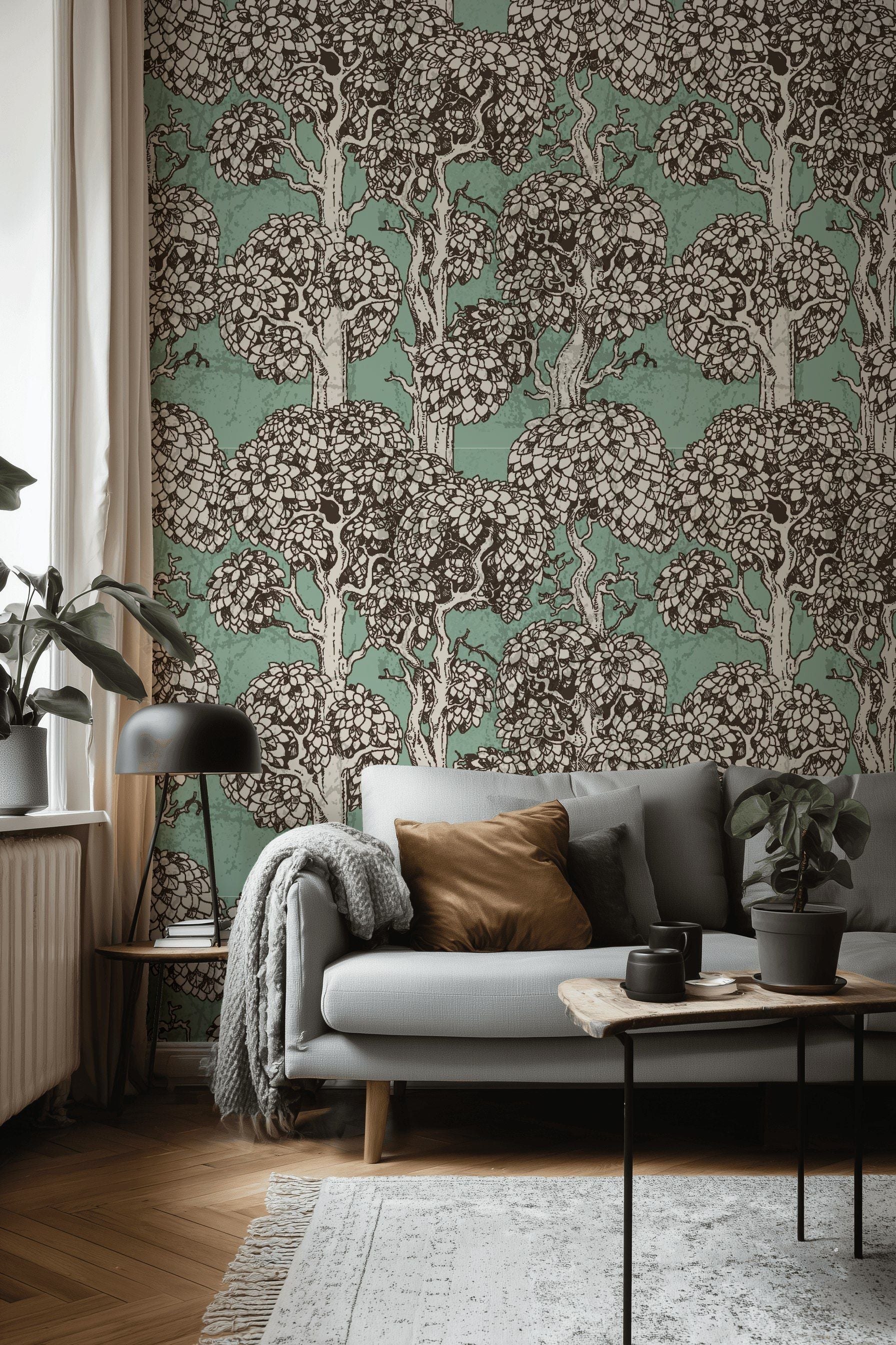 Mint Green Vintage Tree Pattern Wallpaper