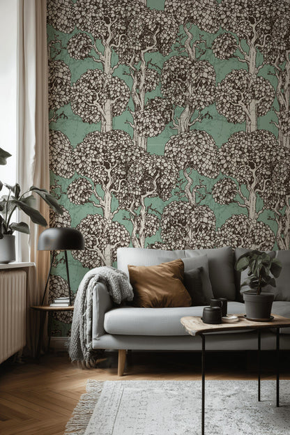 Mint Green Vintage Tree Pattern Wallpaper