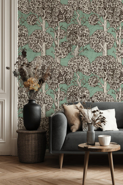 Mint Green Vintage Tree Pattern Wallpaper