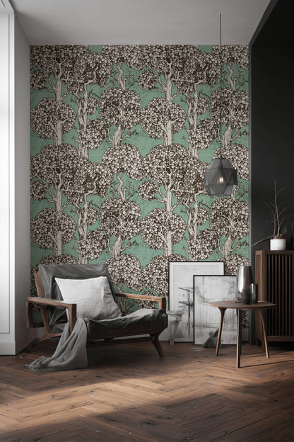Mint Green Vintage Tree Pattern Wallpaper