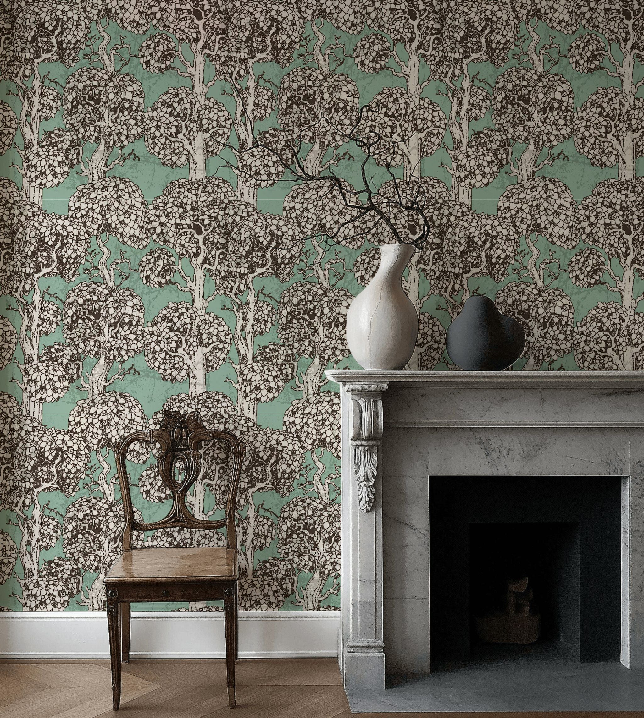 Mint Green Vintage Tree Pattern Wallpaper