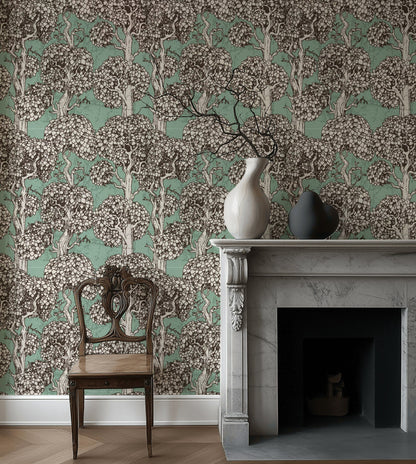Mint Green Vintage Tree Pattern Wallpaper
