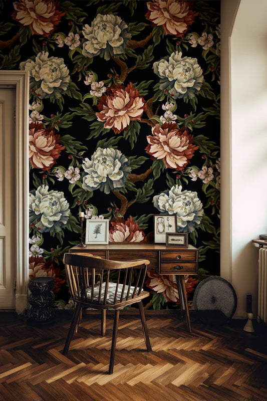 Vintage Floral Wallpaper White Peony Wall Decor