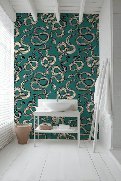 Bold Teal and Beige Snake Pattern Wallpaper