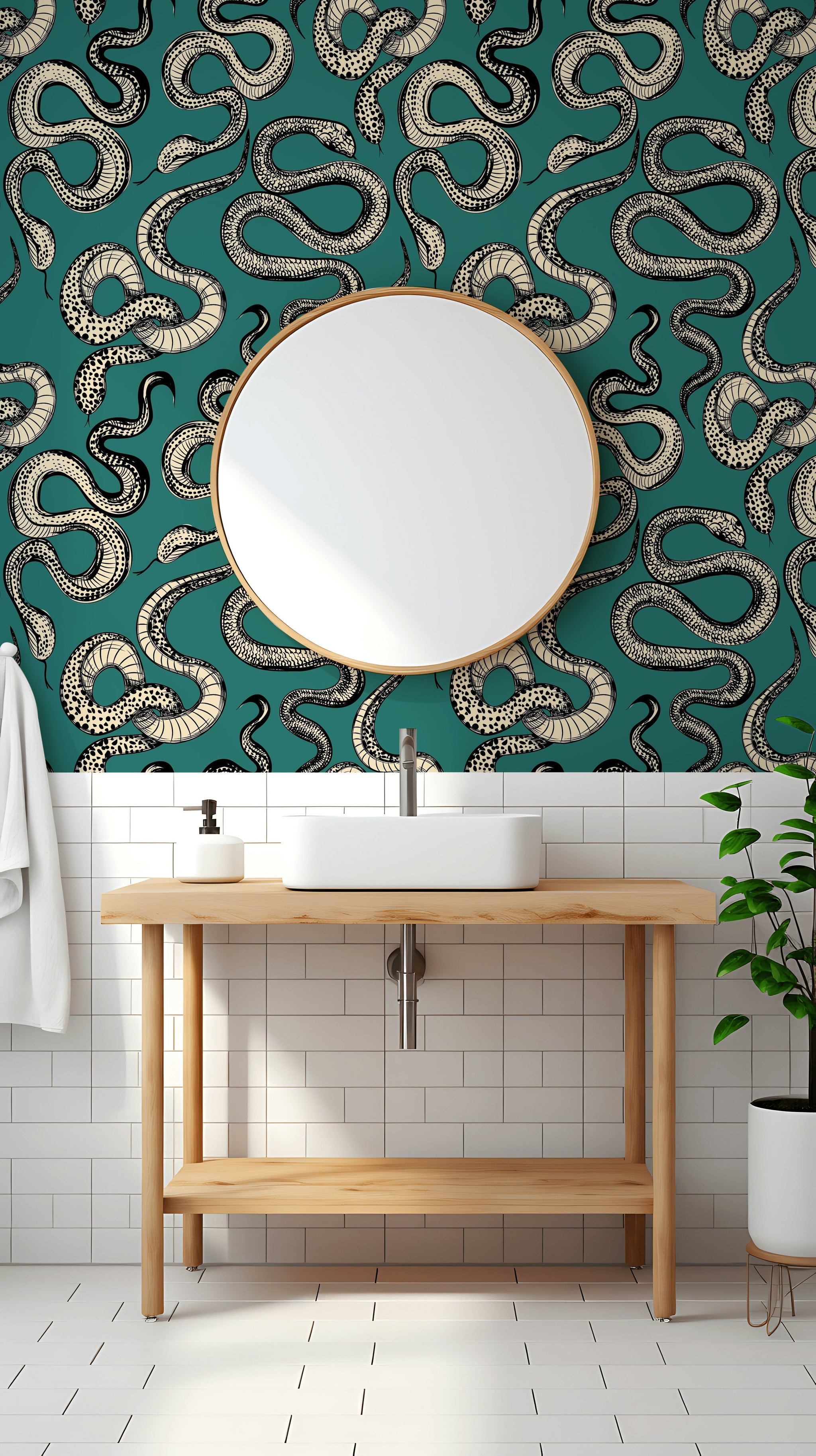 Bold Teal and Beige Snake Pattern Wallpaper