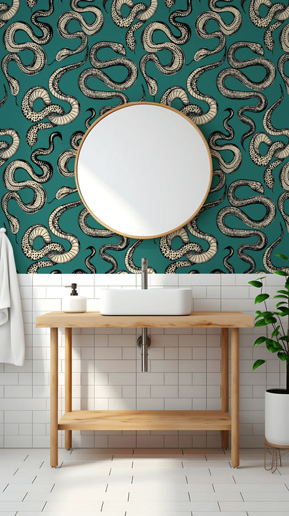 Bold Teal and Beige Snake Pattern Wallpaper